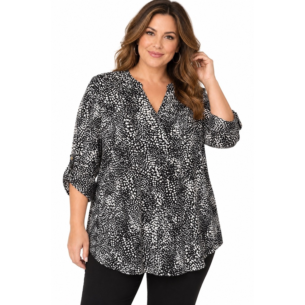 Jaclyn Smith 3X Black White Abstract Speckled Tunic V-Neck Roll-Tab Sleeve Top